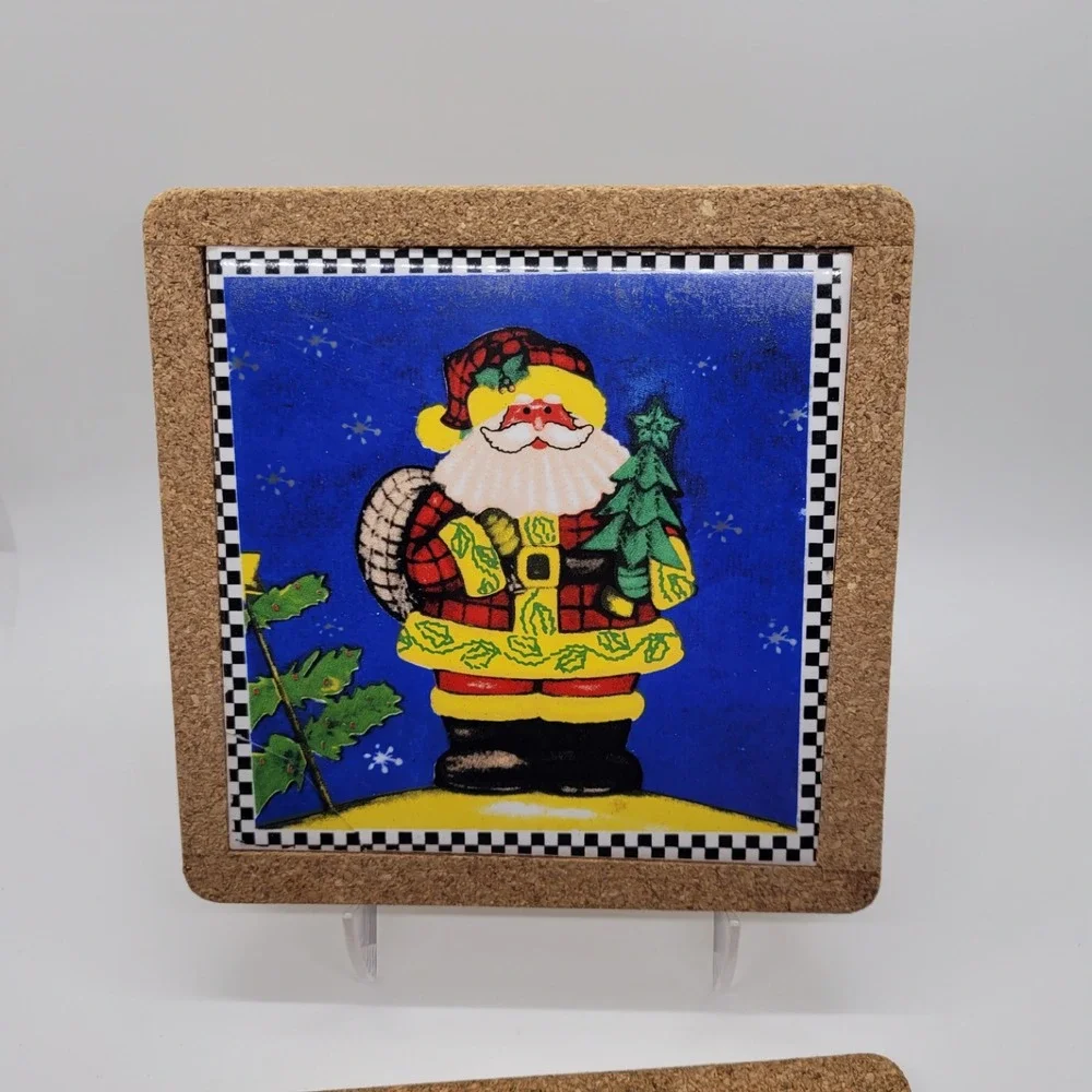 Vintage Christmas Santa Snowman Cork‎ Ceramic Trivets Set of 3 Holiday Decor
